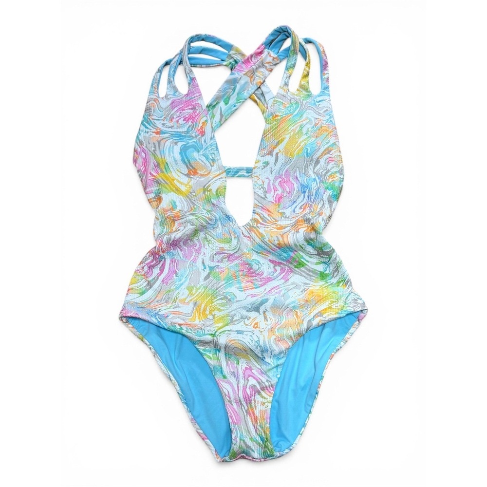 BECCA One Piece Swimsuit Women S Blue Marble Swirl Plunge Ribbed Rebecca Virtue
